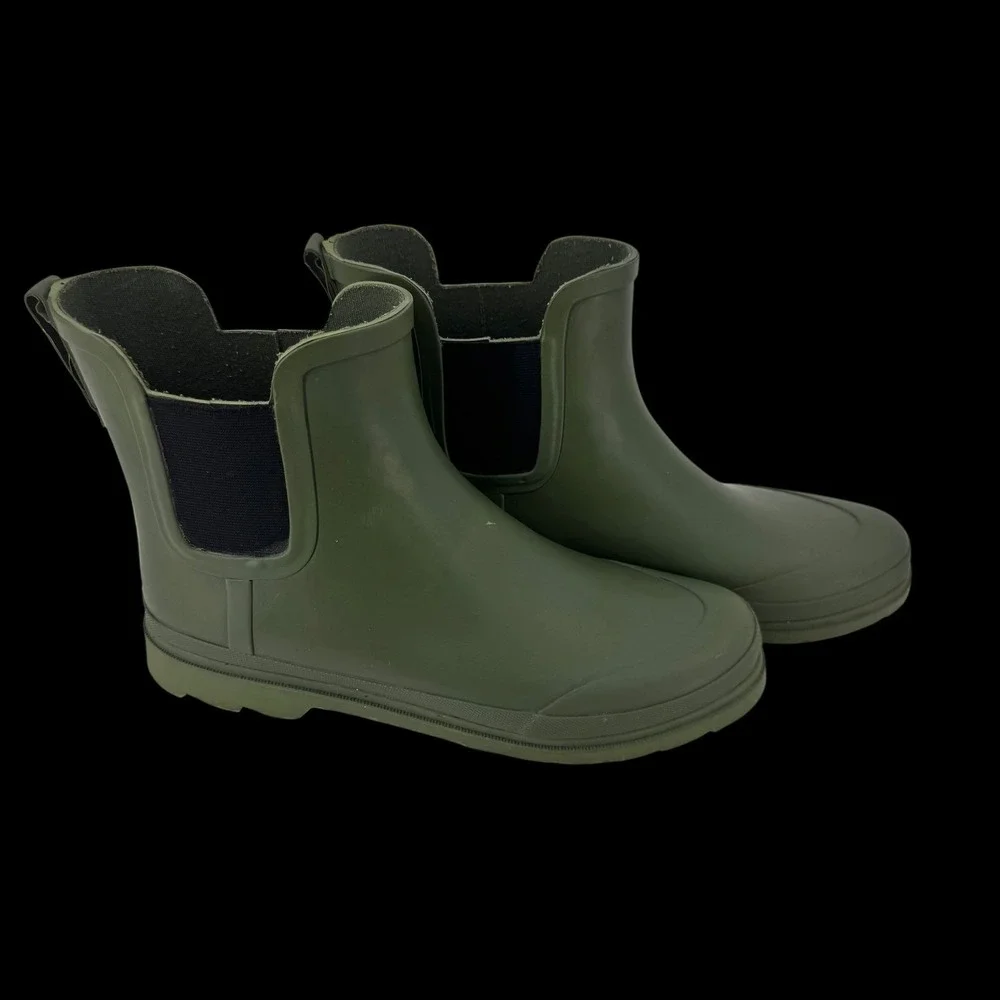 J.Crew Womens Chelsea Rain Boots Olive Green Rubber Ankle Boot / Bootie Lug Sole